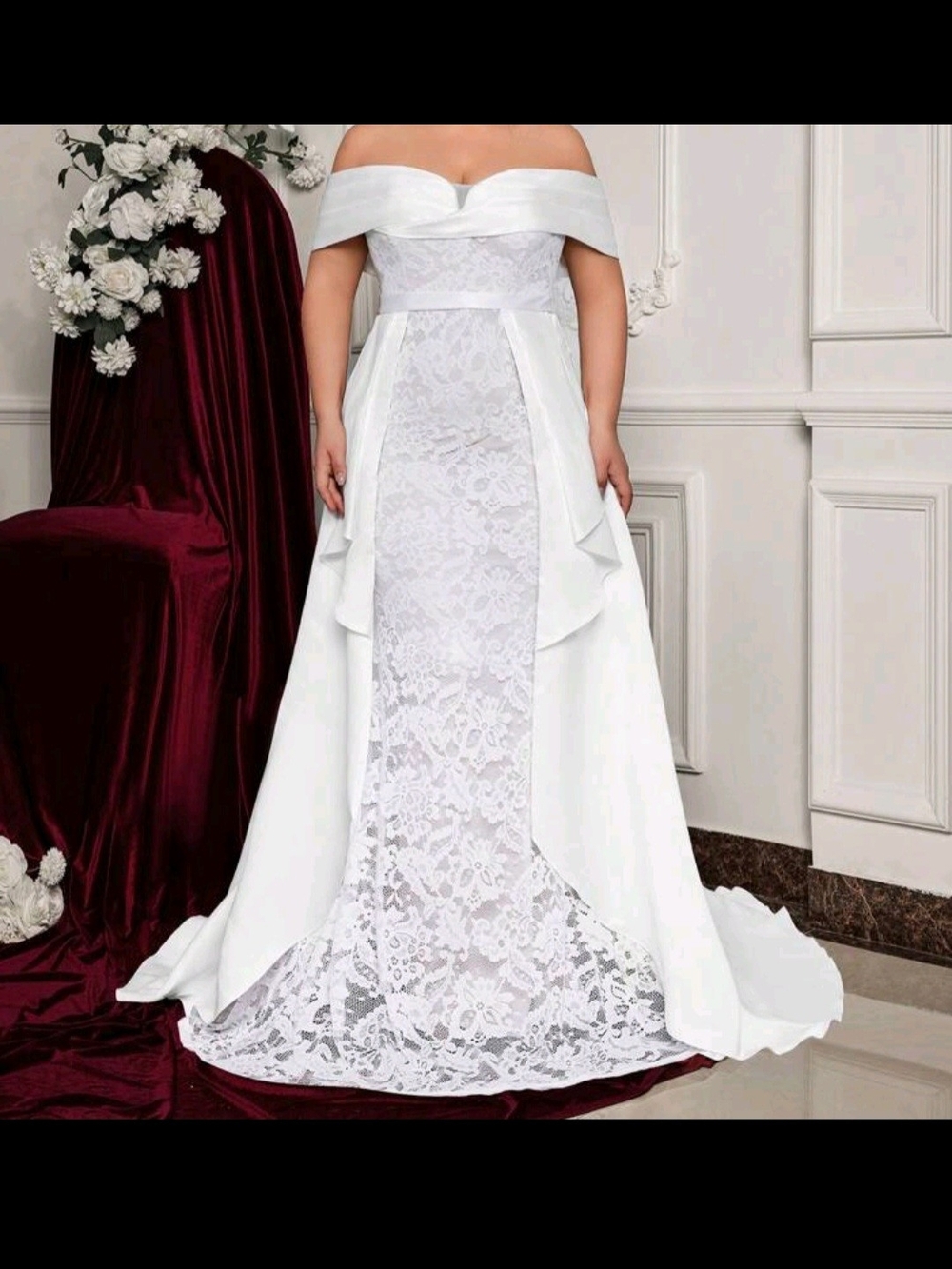 Elegant wedding dress Off-Shoulder White Lace Gown Sz XXL